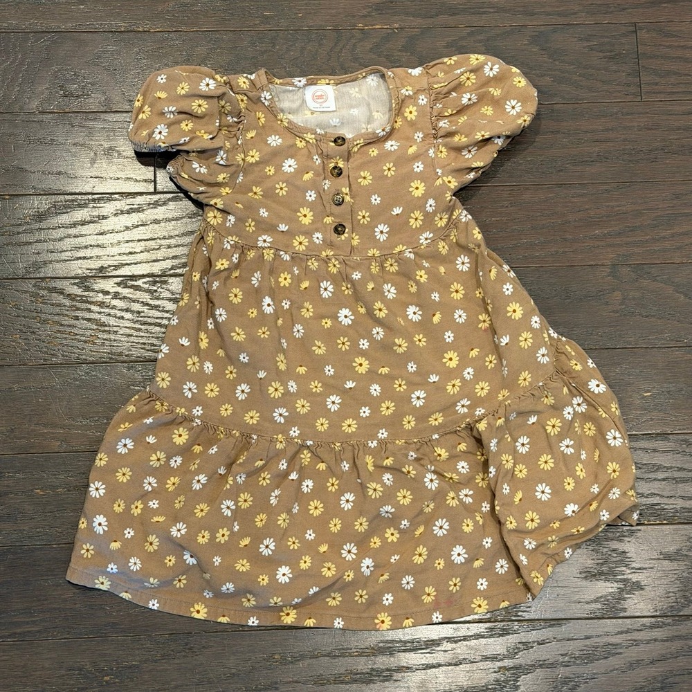 Wonder Nation Girls 5T Tan Daisy Floral Tiered Puff Sleeve Henley Dress Boho